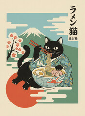 black cat eating ramen with chopsticks