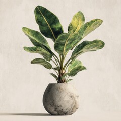 Contemporary indoor plant: banana plant in a pale concrete vase on white surface