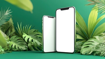 Contemporary tech display with two smart devices on a green plant-filled backdrop