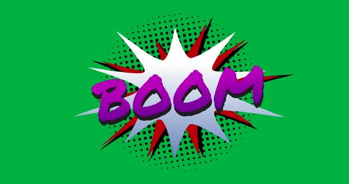 Animation of vintage comic cartoon speech bubble with Boom! text written in purple moving