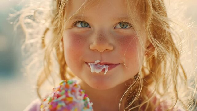 Cheerful young girl eating ice cream with colorful sprinkles outdoors at sunset, childhood joy and summer vacation treat for family lifestyle and parenting