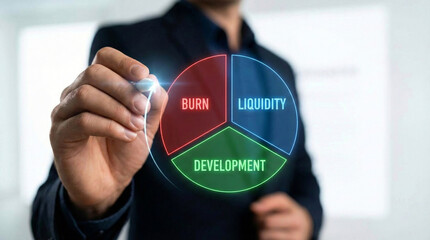 Financial expert managing cryptocurrency tokenomics with holographic chart for burn liquidity and development.