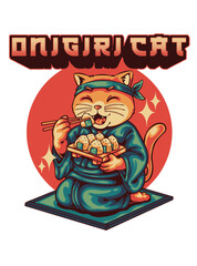 Obraz premium Funny Cat Eating Onigiri in Japanese Kimono Retro Vector Illustration with Text