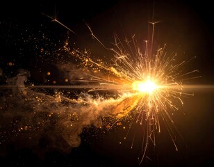 Close-up of a sparkling firework bursting with bright light in dark space