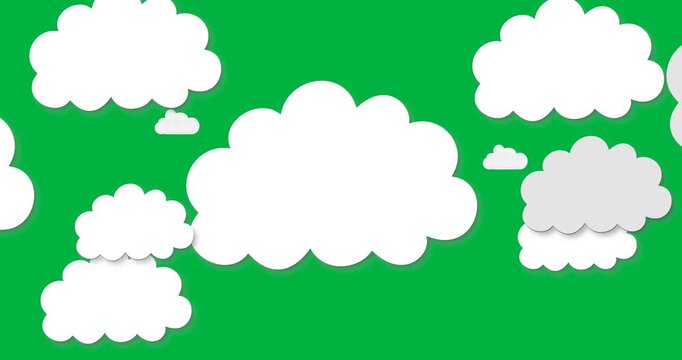 Animation of cut outs of white and grey clouds moving on black sky in the background