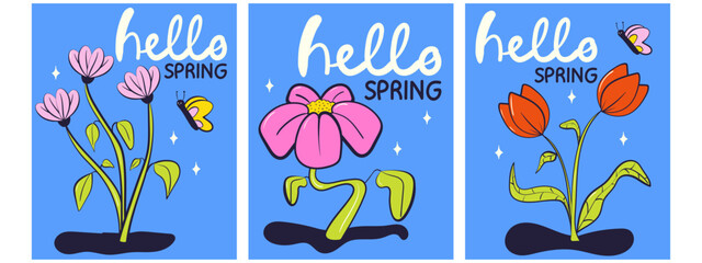 Hello spring greeting cards invitation set with bright flowers. Floral springtime hand drawn illustration.