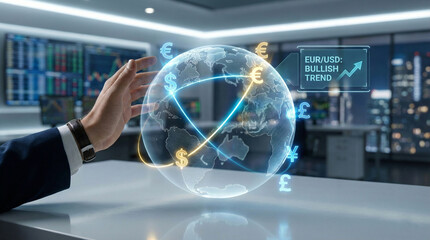 Global Currency Exchange and Forex Trading Concept with Bullish EUR USD Trend Hologram