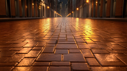 Glowing city streets reflect on wet brick road, warm night urban scene, peaceful atmosphere