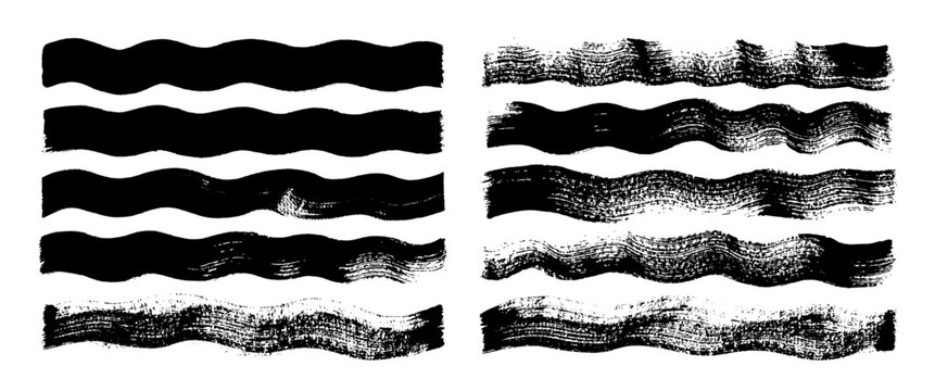 Ink brush wave line bg. Vector wavy paint strokes. Wiggly black pen grunge lines. Sea painting pattern. River flow effect. Edgy urban punk brushstroke borders. Vintage zigzag distorted curve splashes