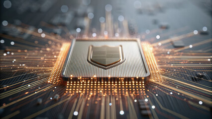 Zero trust security architecture. digital shield symbol on microchip with glowing circuits represents cybersecurity