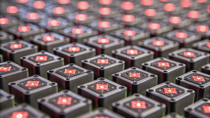 Zero trust security architecture. close up of grid of black electronic components with red lights, creating futuristic pattern