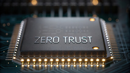 Zero trust security architecture. Close up of microchip with Zero Trust engraved, highlighting security technology