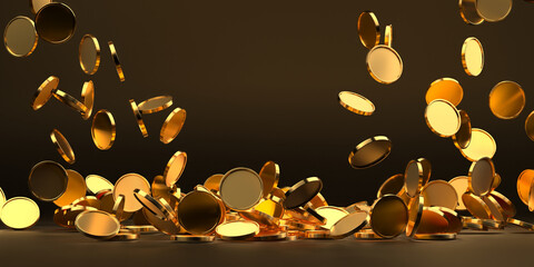Golden coins falling in abundance for wealth and prosperity concept. 3d render