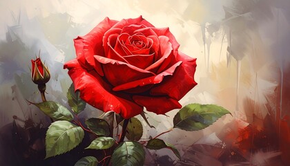 Vibrant Red Rose Blossom in Artistic Oil Painting Style.
