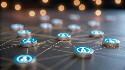 Zero trust security architecture. Network of digital tokens connected by lines on dark surface, symbolizing secure access