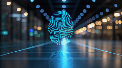 Zero trust security architecture. glowing digital fingerprint hovers in futuristic corridor, symbolizing advanced biometric security
