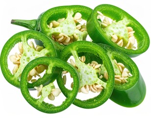 Sliced green chili pepper, displaying seeds and inner structure