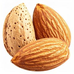 Close-up of three almonds, one in shell, other two shelled, against white