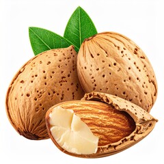 Close-up of almond nuts, some whole, others halved, with leaves