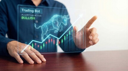 Automated trading bot interface showing bullish market trend with rising graph and hologram bull