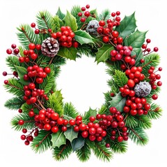 Festive Christmas wreath with red berries, pinecones, and green foliage