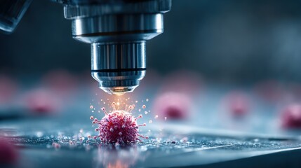 Close-up view of a microscope analyzing virus cells in a laboratory setting during a scientific research session