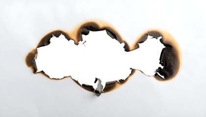 Close-up of white paper with a charred, irregular hole