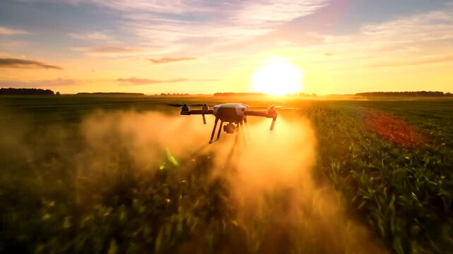 Drone spraying fertilizer over a green field at sunset, showcasing modern agriculture technology.