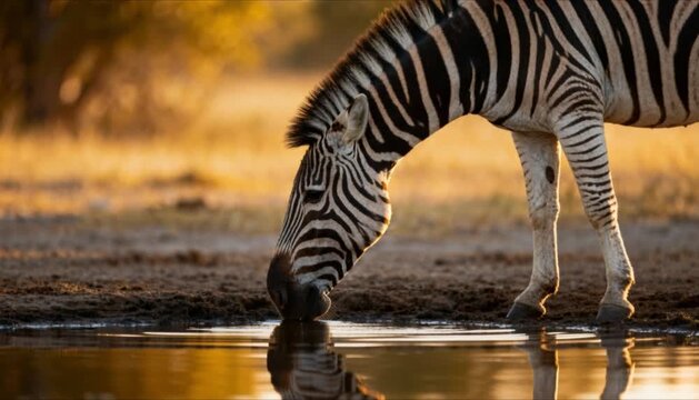 zebra stopping near water edge with subtle reflection visible perfect for international zebra day