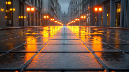 Glowing city street, wet pavement, orange light, urban night, reflection, moody atmosphere