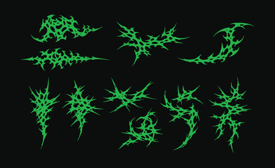 Neo Tribal Sigilism Symmetrical Cyber Gothic: Vector Abstract Sharp Green Lines with Acid Venom Aesthetics, Y2K Dark Metal Techwear Elements for Streetwear and Graphic Design Branding.