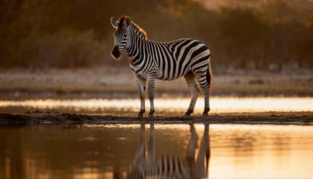 zebra stopping near water edge with subtle reflection visible perfect for international zebra day