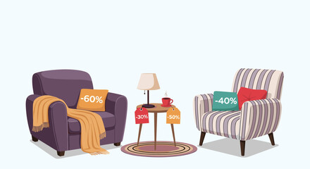 Modern living room interior featuring two armchairs with colorful pillows and a side table with discount tags for a sale.