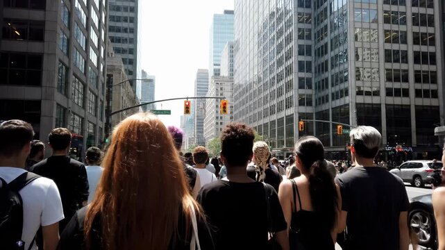 Crowd walking through city streets. People enjoy sunny day in urban environment. City life captures energy and diversity. Vibrant atmosphere showcases community togetherness.