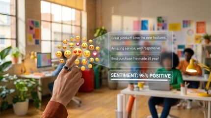 Social Media Sentiment Analysis Displaying Positive Customer Feedback and Emojis in a Creative Modern Office