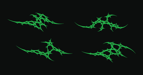 Neo Tribal Sigilism Symmetrical Cyber Gothic: Vector Abstract Sharp Green Lines with Acid Venom Aesthetics, Y2K Dark Metal Techwear Elements for Streetwear and Graphic Design Branding.