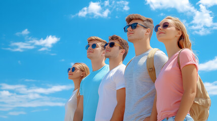 Group of people wearing sunglasses looking at blue sky, summer outdoor, happy and relaxed mood