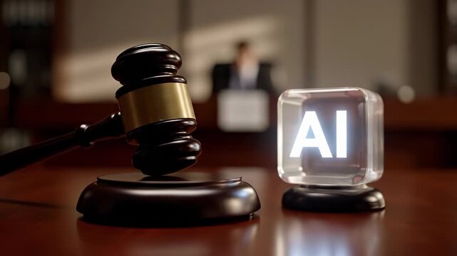 Courtroom with gavel and AI technology. Legal proceedings explore impact of artificial intelligence on law. Innovation drives transformation in judiciary environment.