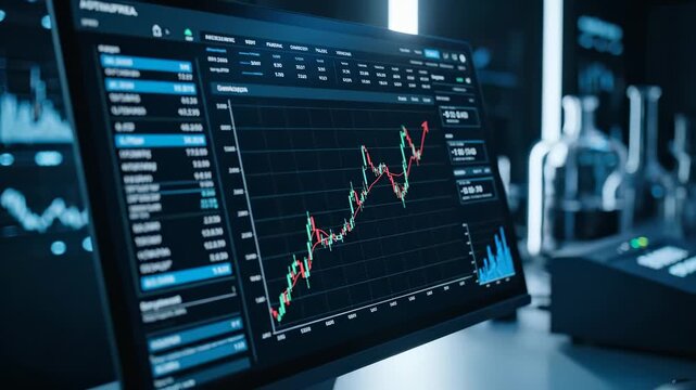 Data analysis on financial market trends. Traders monitor stock performance on modern digital screens. Investment strategies evolve with real-time statistics. Dynamic atmosphere fuels decision-making.