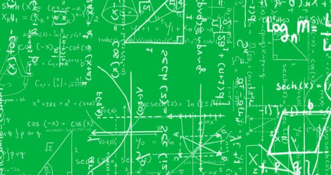 Animation of white mathematical formulae and geometric drawings on blackboard