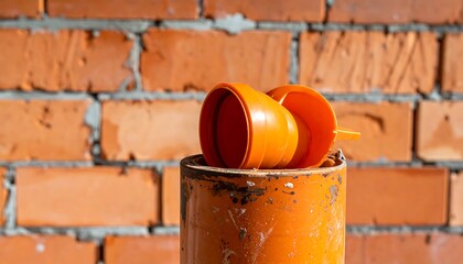 Orange PVC Pipe Fittings Against a Brick Wall Background.