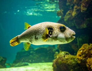 Close-up of a pufferfish swimming in an aquarium, with rock backdrop