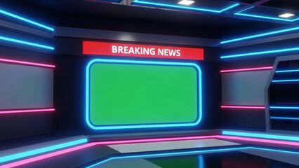 Breaking news studio with neon lights and green screen