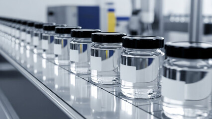 Clear glass jars with black lids on a production line in a lab