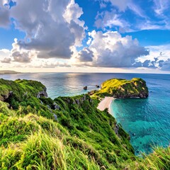 Vivid coastal view; emerald cliffs, turquoise waters, and a secluded beach
