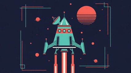 Vibrant retro futuristic rocket ship launching into space