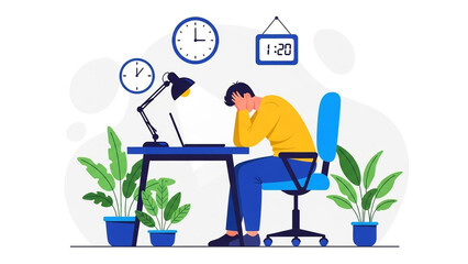 Man feeling stressed at office desk with clocks showing time