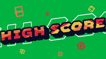 Animation of high score text in orange and red letters with cubes spinning on white background - Powered by Adobe