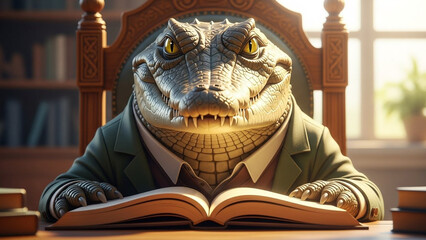 Crocodile in a suit reading a book at a desk in office