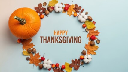 Thanksgiving pumpkin and autumn wreath composition